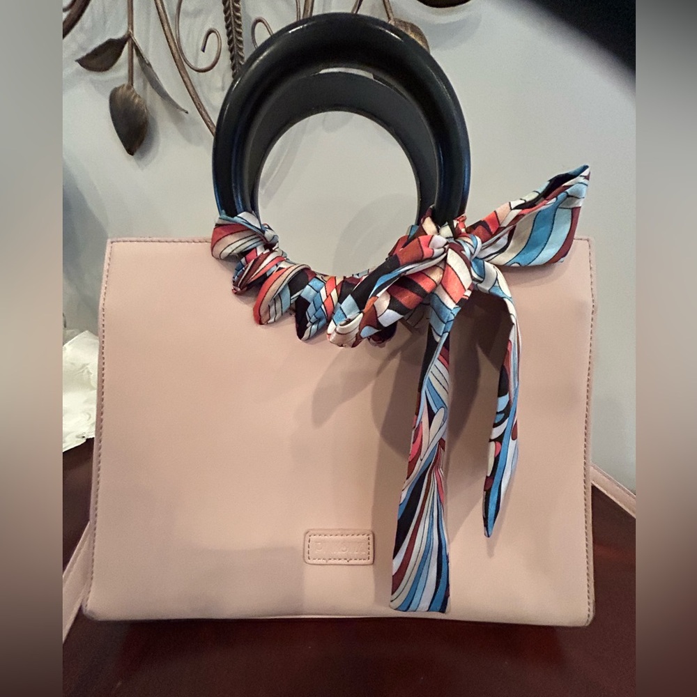 Elegant Pink Handbag with Scarf Accent by Pink Stix with shoulder strap.